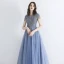 Chic / Belle Bleu Ciel Transparentes Robe De Soirée 2019 Princesse Encolure Carrée Manches Courtes Perlage Gland Longue Volants Dos Nu Robe De Ceremonie