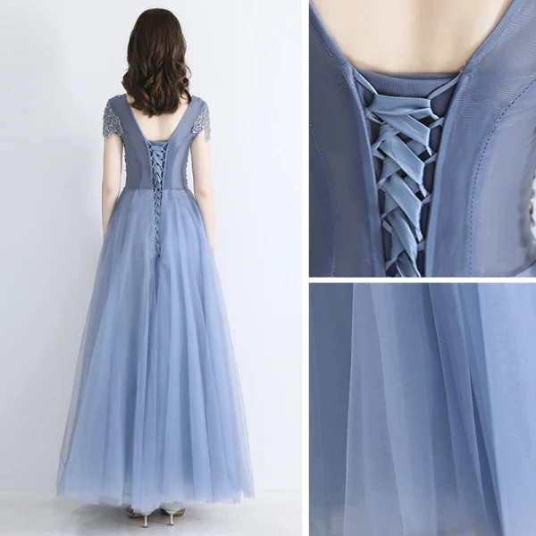 Chic / Belle Bleu Ciel Transparentes Robe De Soirée 2019 Princesse Encolure Carrée Manches Courtes Perlage Gland Longue Volants Dos Nu Robe De Ceremonie