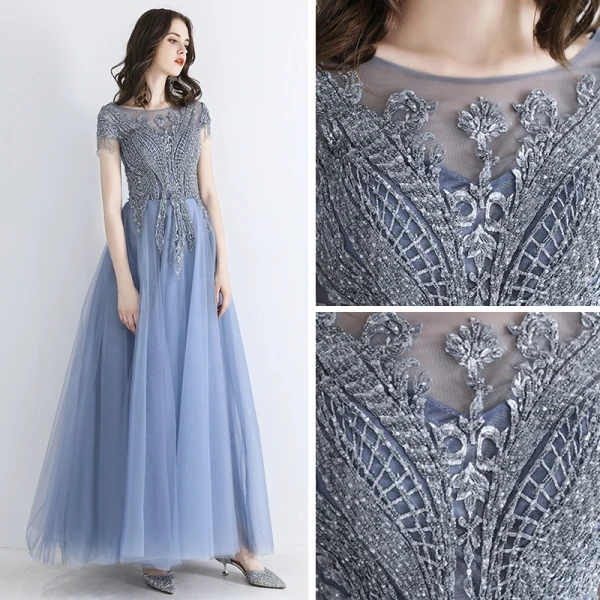 Chic / Belle Bleu Ciel Transparentes Robe De Soirée 2019 Princesse Encolure Carrée Manches Courtes Perlage Gland Longue Volants Dos Nu Robe De Ceremonie