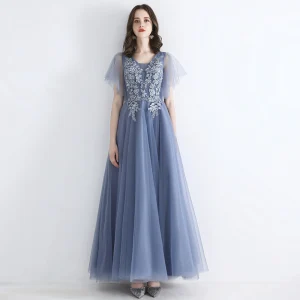 Snygga Fina Himmelsblå Aftonklänningar 2019 Prinsessa Fyrkantig Ringning Korta Ärm Appliqués Spets Beading Långa Ruffle Formella Klänningar