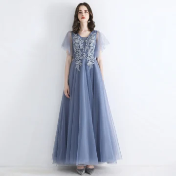 Chic Belle Bleu Ciel Robe De Soirée 2019 Princesse Encolure Carrée Manches Courtes Appliques En Dentelle Perlage Longue Volants Robe De Ceremonie