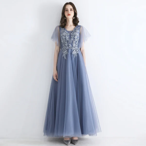 Chic / Belle Bleu Ciel Robe De Soirée 2019 Princesse Encolure Carrée Manches Courtes Appliques En Dentelle Perlage Longue Volants Robe De Ceremonie
