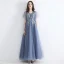 Chic / Belle Bleu Ciel Robe De Soirée 2019 Princesse Encolure Carrée Manches Courtes Appliques En Dentelle Perlage Longue Volants Robe De Ceremonie