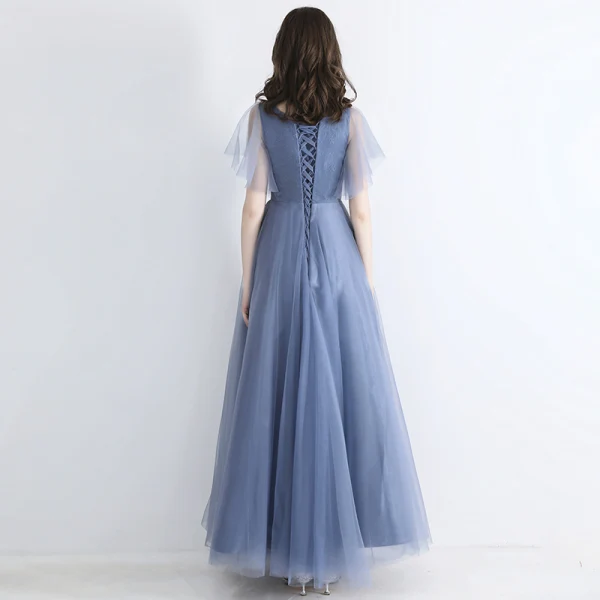 Chic / Belle Bleu Ciel Robe De Soirée 2019 Princesse Encolure Carrée Manches Courtes Appliques En Dentelle Perlage Longue Volants Robe De Ceremonie