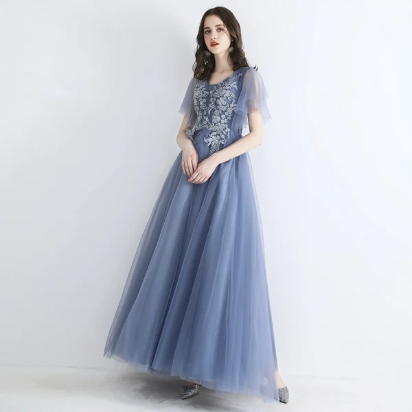 Chic / Belle Bleu Ciel Robe De Soirée 2019 Princesse Encolure Carrée Manches Courtes Appliques En Dentelle Perlage Longue Volants Robe De Ceremonie