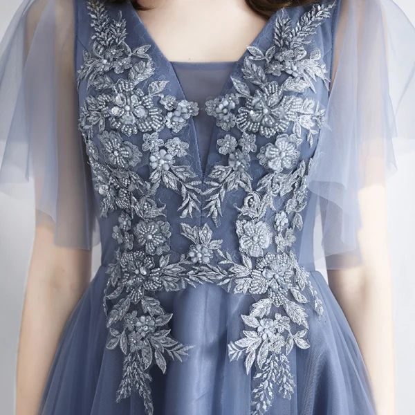 Chic / Belle Bleu Ciel Robe De Soirée 2019 Princesse Encolure Carrée Manches Courtes Appliques En Dentelle Perlage Longue Volants Robe De Ceremonie