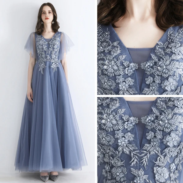 Chic / Belle Bleu Ciel Robe De Soirée 2019 Princesse Encolure Carrée Manches Courtes Appliques En Dentelle Perlage Longue Volants Robe De Ceremonie