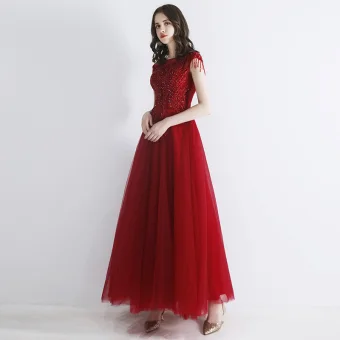 Chic Beautiful Burgundy Evening Dresses 2019 A Line Princess Scoop Neck Sleeveless Beading Tassel Appliques Lace Floor Length Long Ruffle Backless Formal Dresses