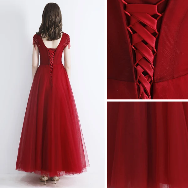 Chic / Belle Bordeaux Robe De Soirée 2019 Princesse Encolure Dégagée Sans Manches Perlage Gland Appliques En Dentelle Longue Volants Dos Nu Robe De Ceremonie