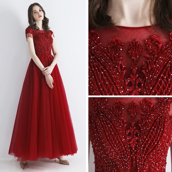 Chic / Belle Bordeaux Robe De Soirée 2019 Princesse Encolure Dégagée Sans Manches Perlage Gland Appliques En Dentelle Longue Volants Dos Nu Robe De Ceremonie