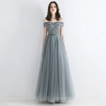 Chic Belle Gris Robe De Soirée 2019 Princesse De L 039 Épaule Manches Courtes Paillettes Perlage Ceinture Longue Volants Dos Nu Robe De Ceremonie