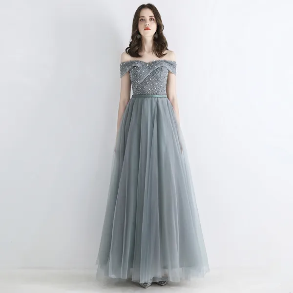 Chic / Beautiful Grey Evening Dresses 2019 A-Line / Princess Off-The ...