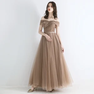 Élégant Champagne Robe De Soirée 2019 Princesse De L 039 Épaule Manches Courtes Appliques En Dentelle Paillettes Perlage Ceinture Longue Volants Dos Nu Robe De Ceremonie