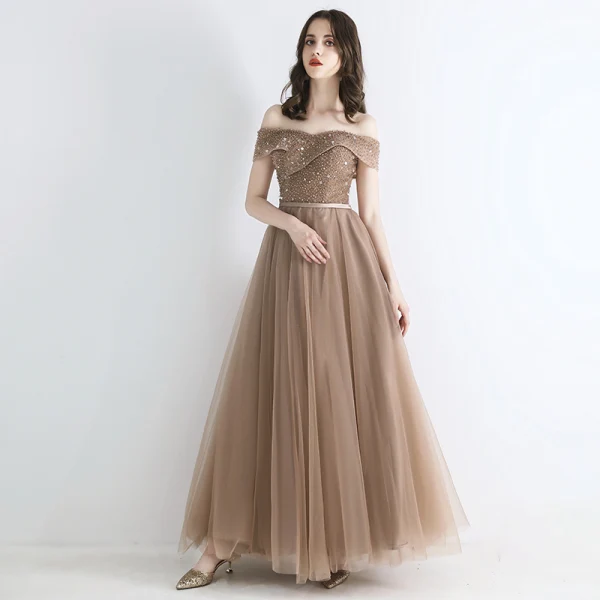 Élégant Champagne Robe De Soirée 2019 Princesse De l'épaule Manches Courtes Appliques En Dentelle Paillettes Perlage Ceinture Longue Volants Dos Nu Robe De Ceremonie