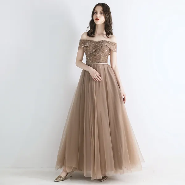 Elegant Champagne Evening Dresses  2019 A-Line / Princess Off-The-Shoulder Short Sleeve Appliques Lace Sequins Beading Sash Floor-Length / Long Ruffle Backless Formal Dresses