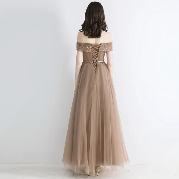 Élégant Champagne Robe De Soirée 2019 Princesse De l'épaule Manches Courtes Appliques En Dentelle Paillettes Perlage Ceinture Longue Volants Dos Nu Robe De Ceremonie