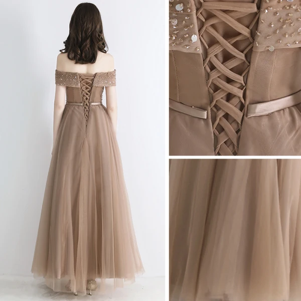 Élégant Champagne Robe De Soirée 2019 Princesse De l'épaule Manches Courtes Appliques En Dentelle Paillettes Perlage Ceinture Longue Volants Dos Nu Robe De Ceremonie