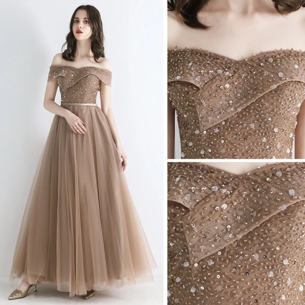 Élégant Champagne Robe De Soirée 2019 Princesse De l'épaule Manches Courtes Appliques En Dentelle Paillettes Perlage Ceinture Longue Volants Dos Nu Robe De Ceremonie