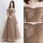 Élégant Champagne Robe De Soirée 2019 Princesse De l'épaule Manches Courtes Appliques En Dentelle Paillettes Perlage Ceinture Longue Volants Dos Nu Robe De Ceremonie