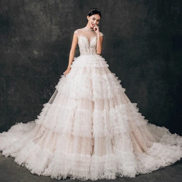Charmant Transparentes Champagne Dentelle Robe De Mariée 2019 Robe Boule Col Haut Sans Manches Dos Nu Appliques En Dentelle Perlage Cathedral Train Volants
