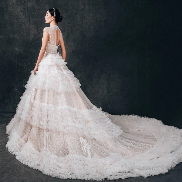 Charmant Transparentes Champagne Dentelle Robe De Mariée 2019 Robe Boule Col Haut Sans Manches Dos Nu Appliques En Dentelle Perlage Cathedral Train Volants
