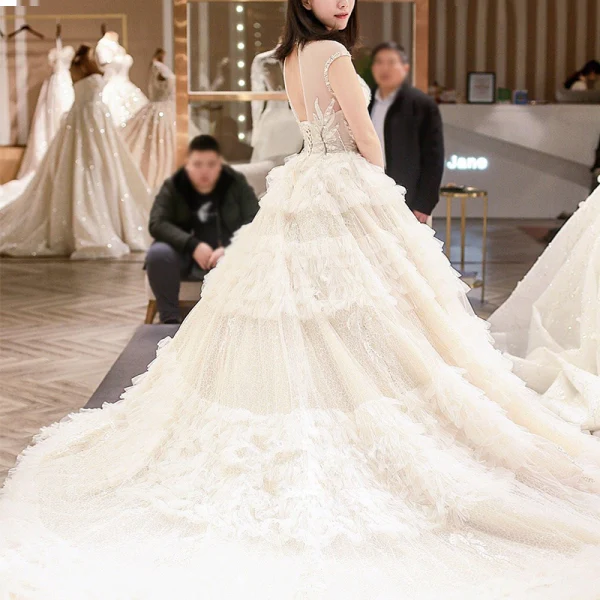 Charmant Transparentes Champagne Dentelle Robe De Mariée 2019 Robe Boule Col Haut Sans Manches Dos Nu Appliques En Dentelle Perlage Cathedral Train Volants