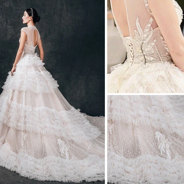 Charmant Transparentes Champagne Dentelle Robe De Mariée 2019 Robe Boule Col Haut Sans Manches Dos Nu Appliques En Dentelle Perlage Cathedral Train Volants