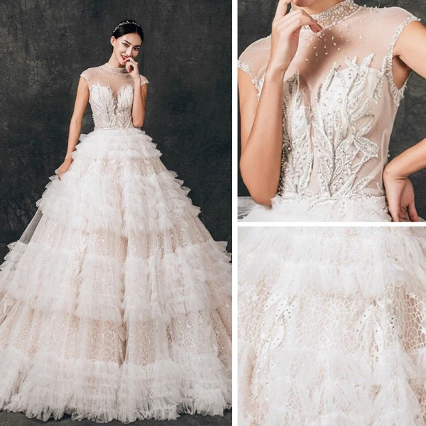 Charmant Transparentes Champagne Dentelle Robe De Mariée 2019 Robe Boule Col Haut Sans Manches Dos Nu Appliques En Dentelle Perlage Cathedral Train Volants