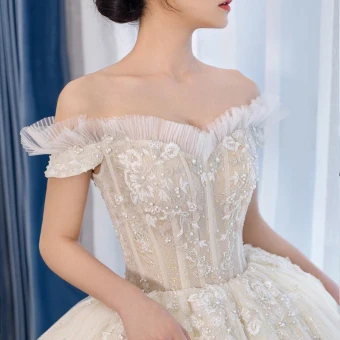 Chic Beautiful Champagne Wedding Dresses 2019 Ball Gown Off The Shoulder Short Sleeve Backless Glitter Tulle Appliques Lace Beading Pearl Chapel Train Ruffle