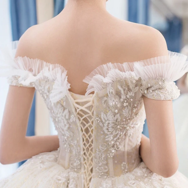 Chic / Beautiful Champagne Wedding Dresses 2019 Ball Gown Off-The-Shoulder Short Sleeve Backless Glitter Tulle Appliques Lace Beading Pearl Chapel Train Ruffle