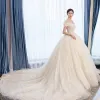 Chic / Beautiful Champagne Wedding Dresses 2019 Ball Gown Off-The-Shoulder Short Sleeve Backless Glitter Tulle Appliques Lace Beading Pearl Chapel Train Ruffle