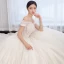 Chic / Beautiful Champagne Wedding Dresses 2019 Ball Gown Off-The-Shoulder Short Sleeve Backless Glitter Tulle Appliques Lace Beading Pearl Chapel Train Ruffle