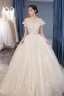 Chic / Beautiful Champagne Wedding Dresses 2019 Ball Gown Off-The-Shoulder Short Sleeve Backless Glitter Tulle Appliques Lace Beading Pearl Chapel Train Ruffle
