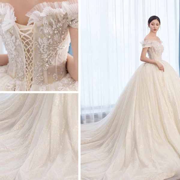 Chic / Beautiful Champagne Wedding Dresses 2019 Ball Gown Off-The-Shoulder Short Sleeve Backless Glitter Tulle Appliques Lace Beading Pearl Chapel Train Ruffle