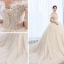 Chic / Beautiful Champagne Wedding Dresses 2019 Ball Gown Off-The-Shoulder Short Sleeve Backless Glitter Tulle Appliques Lace Beading Pearl Chapel Train Ruffle