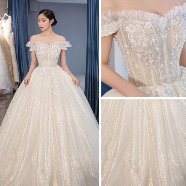 Chic / Beautiful Champagne Wedding Dresses 2019 Ball Gown Off-The-Shoulder Short Sleeve Backless Glitter Tulle Appliques Lace Beading Pearl Chapel Train Ruffle