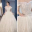 Chic / Beautiful Champagne Wedding Dresses 2019 Ball Gown Off-The-Shoulder Short Sleeve Backless Glitter Tulle Appliques Lace Beading Pearl Chapel Train Ruffle