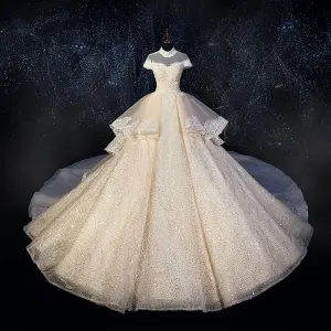 Scintillantes Champagne Transparentes Robe De Mariée 2019 Robe Boule Col Haut Manches Courtes Dos Nu Appliques En Dentelle Perlage Glitter Paillettes Tulle Royal Train Volants