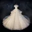 Glitzernden Champagner Durchsichtige Brautkleider / Hochzeitskleider 2019 Ballkleid Stehkragen Kurze Ärmel Rückenfreies Applikationen Spitze Perlenstickerei Glanz Pailletten Tülle Königliche Schleppe Rüschen