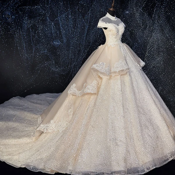 Glitzernden Champagner Durchsichtige Brautkleider / Hochzeitskleider 2019 Ballkleid Stehkragen Kurze Ärmel Rückenfreies Applikationen Spitze Perlenstickerei Glanz Pailletten Tülle Königliche Schleppe Rüschen