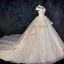Glitzernden Champagner Durchsichtige Brautkleider / Hochzeitskleider 2019 Ballkleid Stehkragen Kurze Ärmel Rückenfreies Applikationen Spitze Perlenstickerei Glanz Pailletten Tülle Königliche Schleppe Rüschen