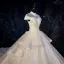 Glitzernden Champagner Durchsichtige Brautkleider / Hochzeitskleider 2019 Ballkleid Stehkragen Kurze Ärmel Rückenfreies Applikationen Spitze Perlenstickerei Glanz Pailletten Tülle Königliche Schleppe Rüschen