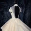 Glitzernden Champagner Durchsichtige Brautkleider / Hochzeitskleider 2019 Ballkleid Stehkragen Kurze Ärmel Rückenfreies Applikationen Spitze Perlenstickerei Glanz Pailletten Tülle Königliche Schleppe Rüschen