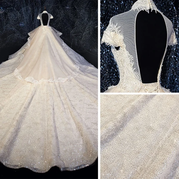 Glitzernden Champagner Durchsichtige Brautkleider / Hochzeitskleider 2019 Ballkleid Stehkragen Kurze Ärmel Rückenfreies Applikationen Spitze Perlenstickerei Glanz Pailletten Tülle Königliche Schleppe Rüschen
