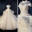 Glitzernden Champagner Durchsichtige Brautkleider / Hochzeitskleider 2019 Ballkleid Stehkragen Kurze Ärmel Rückenfreies Applikationen Spitze Perlenstickerei Glanz Pailletten Tülle Königliche Schleppe Rüschen