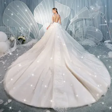Charmant Champagne Transparentes Dos Nu Robe De Mariée 2019 Robe Boule Encolure Dégagée Manches Longues Glitter Tulle Appliques En Dentelle Perlage Cathedral Train Volants