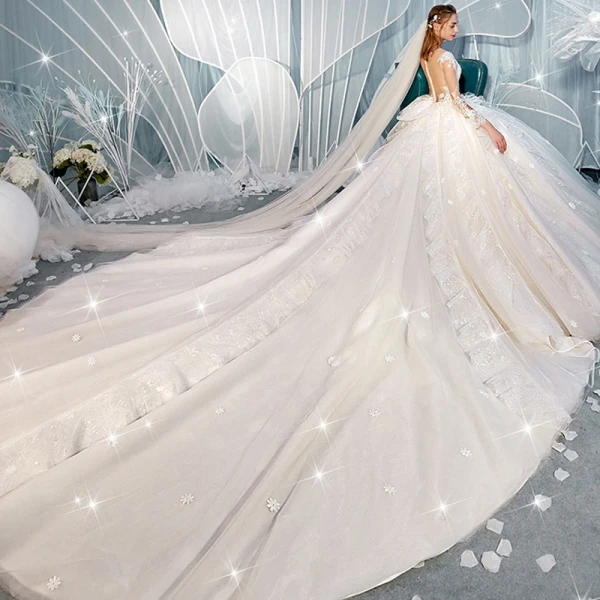 Charmant Champagne Transparentes Dos Nu Robe De Mariée 2019 Robe Boule Encolure Dégagée Manches Longues Glitter Tulle Appliques En Dentelle Perlage Cathedral Train Volants