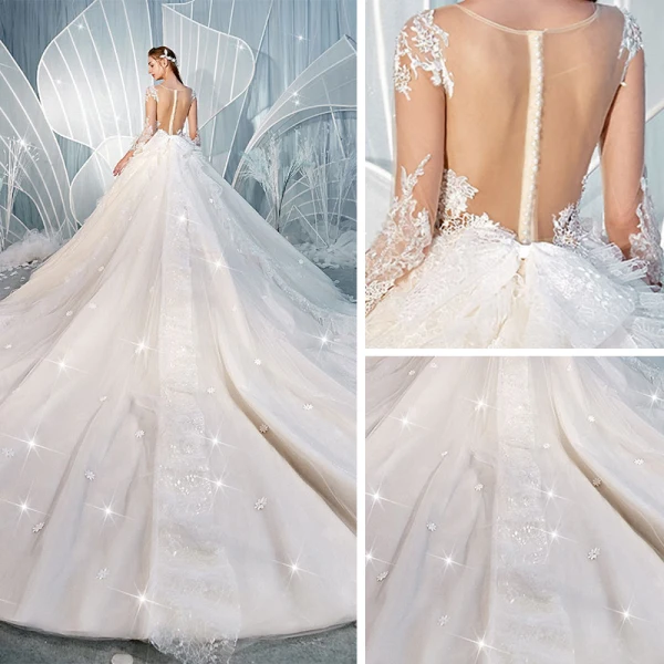 Charmant Champagne Transparentes Dos Nu Robe De Mariée 2019 Robe Boule Encolure Dégagée Manches Longues Glitter Tulle Appliques En Dentelle Perlage Cathedral Train Volants