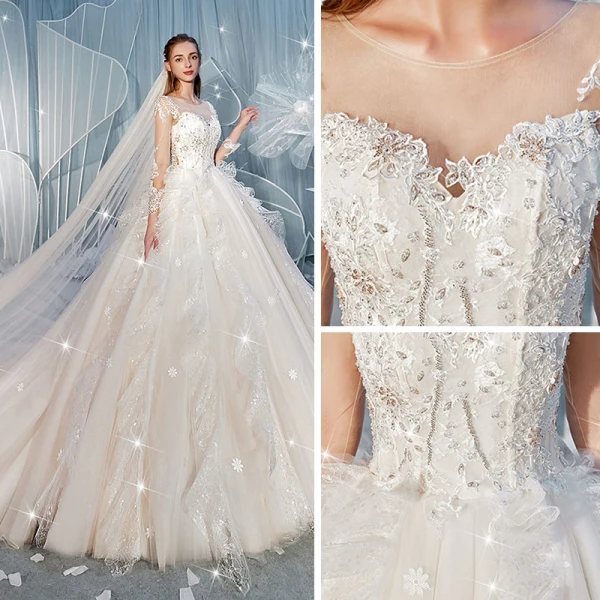 Charmant Champagne Transparentes Dos Nu Robe De Mariée 2019 Robe Boule Encolure Dégagée Manches Longues Glitter Tulle Appliques En Dentelle Perlage Cathedral Train Volants