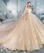 Luxury / Gorgeous Champagne Wedding Dresses 2019 Ball Gown Off-The-Shoulder Short Sleeve Backless Glitter Sequins Tulle Cascading Ruffles Cathedral Train